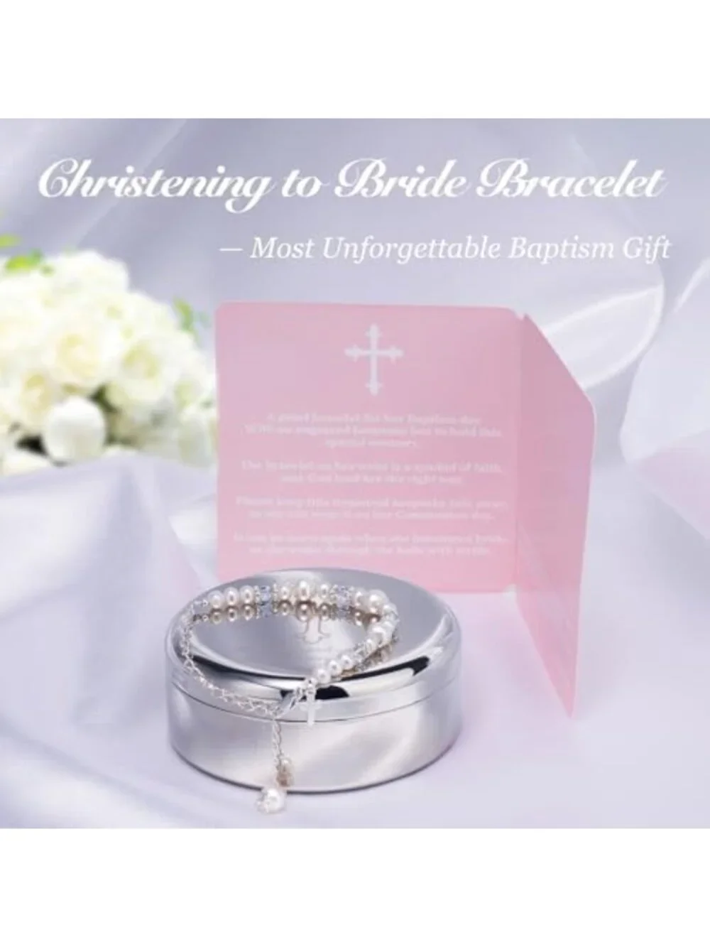Sterling Silver Baptism Bracelet with Cultured Pearls & 3 Charms, Gift Boxed
